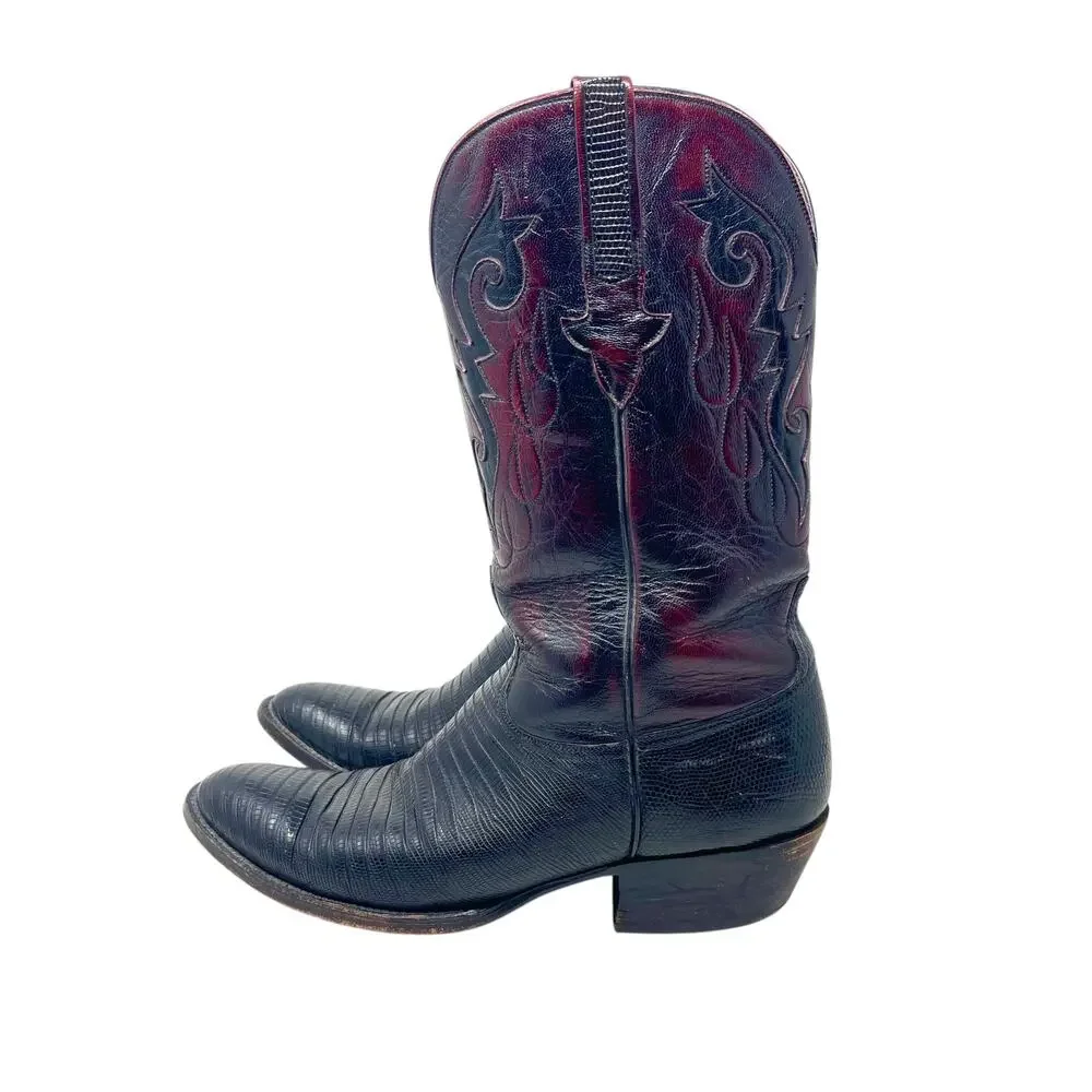 Vintage Lucchese Classics Black Cherry Teju Lizard Western Cowboy Boots - Sz 10D